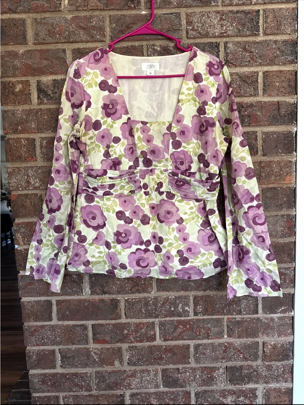 Ann Taylor LOFT Floral Bell Sleeve Blouse Size 10 Purple Y2K Cottagecore Top